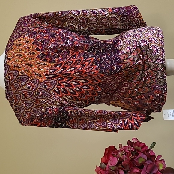 NEW Sexy Top Metalic Slinky Peacock Stretch Crisscross Angel Wing Split Sleeve L - Picture 6 of 7